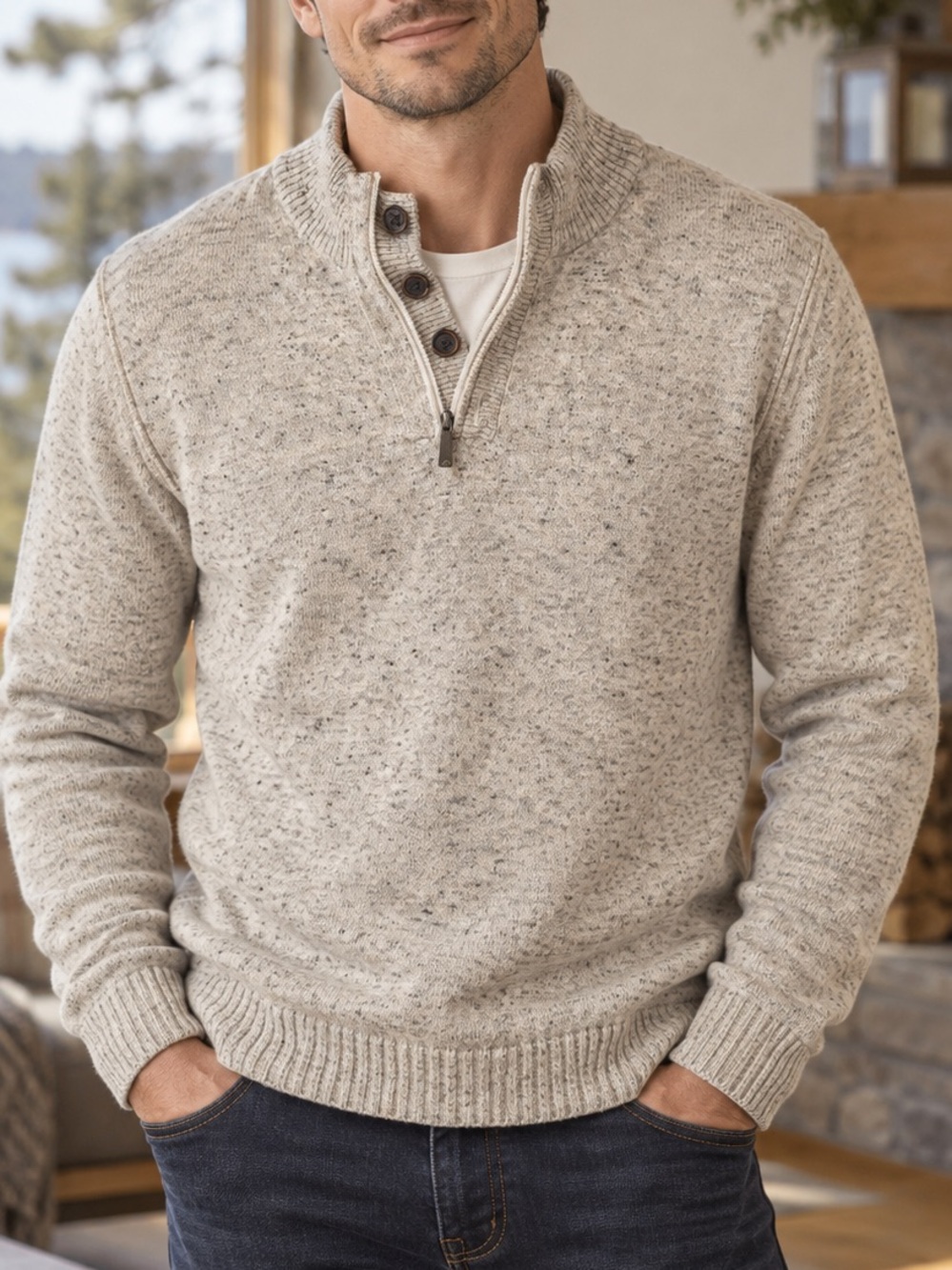 Point Zero Men’s Quarter Zip Cotton Sweater Tan Grey Marled Mock Neck L